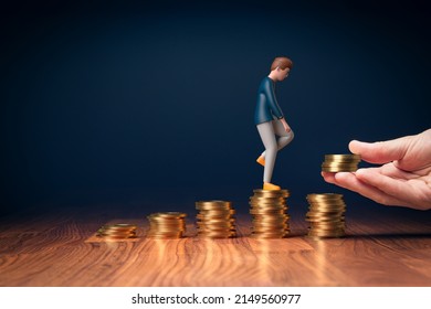Return on investment, growing savings or wage income concept. Coins and model of person going on increasing columns of coins. Helping hand adds more money. Successful investment concept. - Shutterstock ID 2149560977