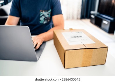 Return product package to online shop. Order delivery or shipment. Complaint and refund, ecommerce. Shipping wrong box back. Fake scam parcel. Damaged goods. Merchandise warranty. Man and computer.