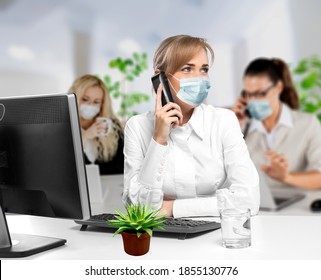 Return To Work After Covid-19 Quarantine. Busy Millennial Woman In Protective Mask Talking On Phone