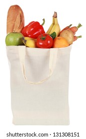 Reusable Bag With Groceries Including A Bread, Fruits And Vegetables, Isolated On White