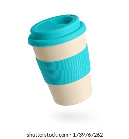 Reusable Bamboo Coffee Cup With Blue Silicone Holder And Lid. Isolated On White. Zero Waste Concept