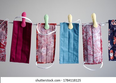 Reusable Cloth Facemasks On A Washing Line.