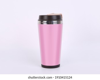 Reusable Coffee Cup To Go. Mug and tumbler thermos flask of pink color. Mock up. - Powered by Shutterstock