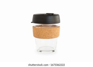 Reusable Coffee Cup Made From Glass And Cork Band Isolated On White Background, Zero Waste, Sustainable Lifestyle Concept.