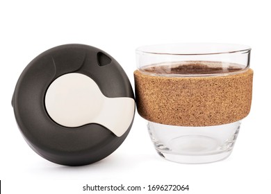 Reusable Coffee Eco Cup On White Isolated Background. Toughened Glass Cup & Natural Cork Band. Secure Silicon Lid. Friendly, Spill Proof Travel Mug With Lid | Black. Keep Cup. Item Photo