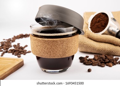 Reusable Coffee Eco Cup. Toughened Glass Cup & Natural Cork Band. Secure Silicon Lid. Friendly, Spill Proof Travel Mug With Lid | Black. Keep Cup. Burlap, Coffee Beans, Coffee Horn