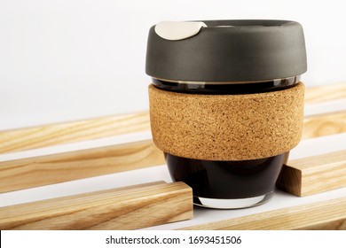 Reusable Coffee Eco Cup. Toughened Glass Cup & Natural Cork Band. Secure Silicon Lid. Friendly, Spill Proof Travel Mug With Lid | Black. Keep Cup. Burlap, Coffee Beans, Coffee Horn