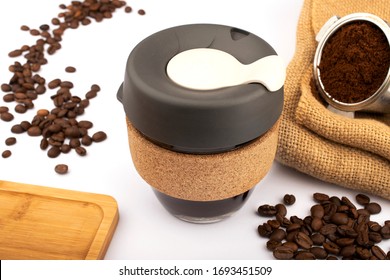 Reusable Coffee Eco Cup. Toughened Glass Cup & Natural Cork Band. Secure Silicon Lid. Friendly, Spill Proof Travel Mug With Lid | Black. Keep Cup. Burlap, Coffee Beans, Coffee Horn