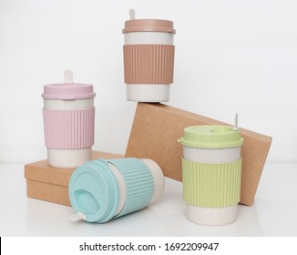 Reusable Cup Of Wheat Straw And Bamboo For Coffee, Tea, Takeaway Drink. Save Nature From Disposable Plastic