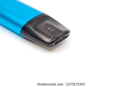 A reusable electronic cigarette with a replaceable cartridge in a blue body, photographed against a white background.