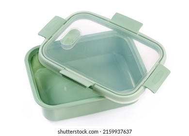 Reusable Empty Plastic Food Storage Container With Partly Removed Transparent Lid On A White Background
