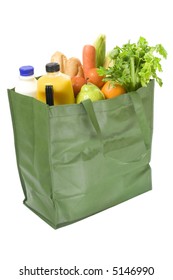 Reusable Shopping Bag Full Of Groceries Isolated On White Background