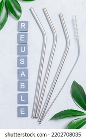 Reusable Stainless Steel Straws And Cleaning Brush, Vertical, Top View