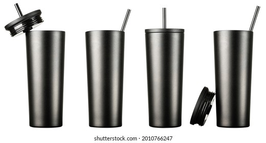 Reusable Water Bottle. Travel Cup For Drinking. Simple Modern Classic Insulated Tumbler With Straw And Flip Lid. Stainless Steel Bottle. Black Mug For Iced Coffee. Isolated White Background.