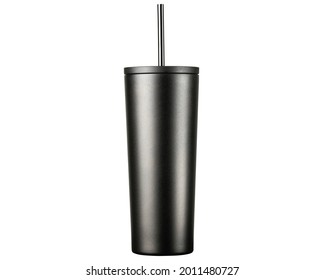 Reusable Water Bottle. Travel Cup For Drinking. Simple Modern Classic Insulated Tumbler With Straw And Flip Lid. Stainless Steel Bottle. Black Mug For Iced Coffee. Isolated White Background.