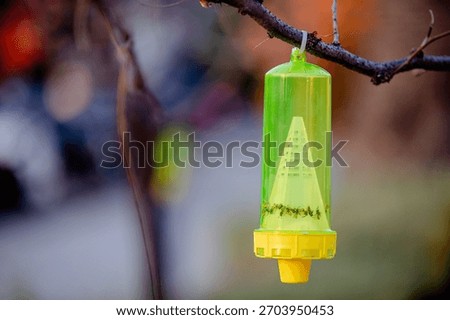A reusable yellow jacket trap, designed to lure and capture yellowjackets, wasps, and hornets outdoors, blurred background