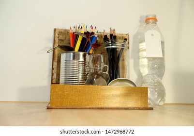 Reused Household Waste. Metal Tin Can, Glass Jar And Water Bottle With Blank Label. Organized Craft/diy Space. Pencil Holder.