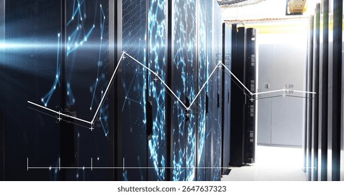 Revealing server racks tracing data flows in data center corridor, with cables and network overlay. Technology, connectivity, cybersecurity, infrastructure, digital, futuristic, data