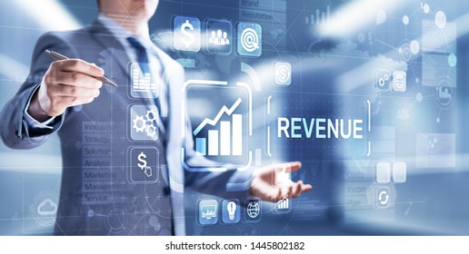 Revenue Income Cash Flow Financial Grove Increase Business Concept On Virtual Screen. Businessman Pressing Button.