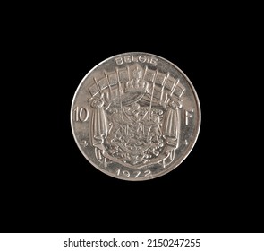 Reverse of 10 Francs coin made by Belgium in 1972, that shows Coat of arms