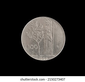 Reverse of 100 lira coin made by Italy in 1969, that shows Standing goddess Minerva holding a young tree and a pole between