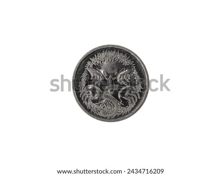 Reverse of Australia coin 5 cents with image of echidna, isolated in white background. Close up view.