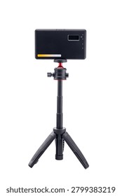 reverse black side of the led panel with display mounted on an extended tripod in full length on a white background