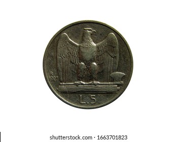 Reverse of Italy coin 5 lire 1927 with image of an eagle sitting on fasces. Isolated in white background.
