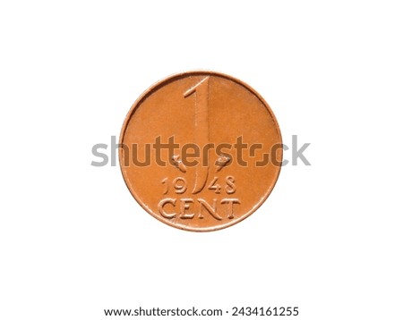 Reverse of Netherlands coin 1 cent 1948, isolated in white background. Close up view.
