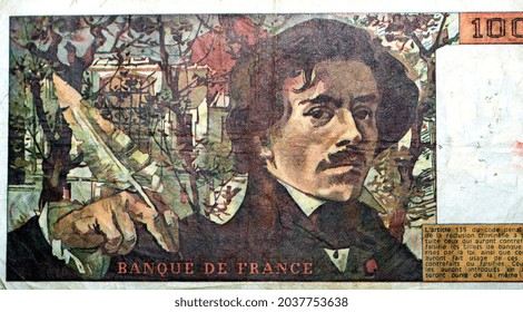 Reverse Side Of 100 One Hundred French Cent Francs Banknote Currency 1979 By Bank Of France Features Portrait Of Eugène Delacroix With A Feather, Old French Money, Vintage Retro, Uncirculated