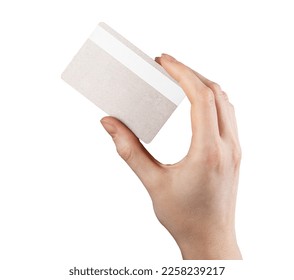 Reverse side of bank card in hand. holding credit bankcard, back view isolated on white background. High quality photo - Powered by Shutterstock