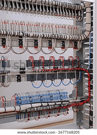 The reverse side of the electrical panel. Under copper insulated electrical wires to modules mounted on metal di-rack. 