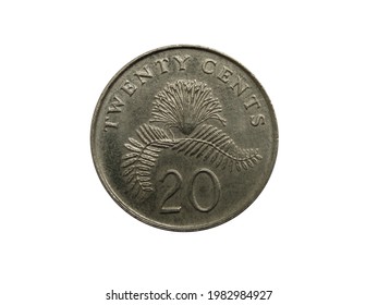 Reverse Of Singapore Coin 20 Cents 2006. Close Up View With White Background.