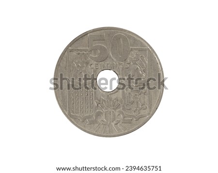 Reverse of Spain coin 50 centimos 1963, isolated in white background. Close up view.