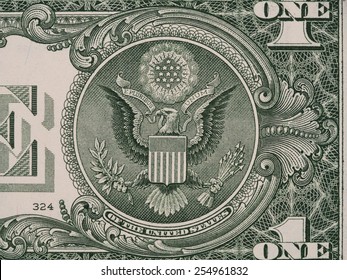 Reverse Of US One Dollar Bill Closeup Macro, 1 Usd Banknote, Great Seal, United States Money
