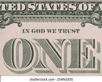 Reverse Of US One Dollar Bill Closeup Macro, 1 Usd Banknote,  In God We Trust Offical USA Motto, United States Money 