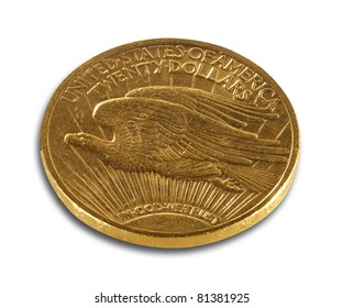 Reverse Of US Twenty Dollar St. Gauden Double Eagle Gold Coin On White Background