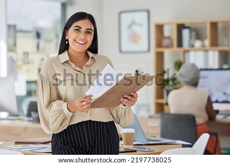 Review, contract and report with a business woman holding a clipboard with paperwork in her office at work. Application, document and proposal with a young female employee reading notes and working