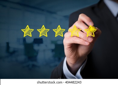 Review, Increase Rating, Performance And Classification Concept. Businessman Draw Five Yellow Stars To Increase Rating Of His Company, Office In Background.
