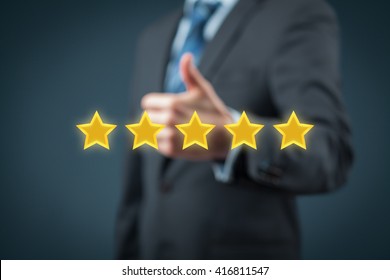 Review, Rating, Ranking, Evaluation And Classification Concept. Businessman Is Satisfied With Company 5 Stars Rating.
