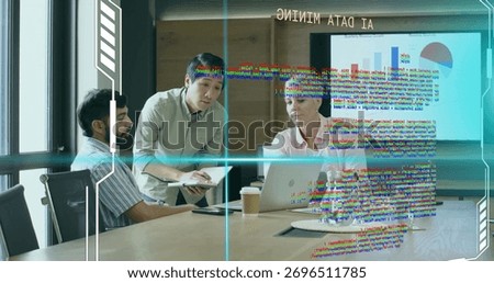 Reviewing AI data mining chart, three colleagues collaborating in boardroom, with holographic code. Innovation, teamwork, technology, futuristic, business, analytics, strategy