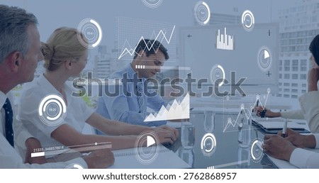 Reviewing AR data, team of five in conference room wearing business attire consulting laptop. Glass, cityscape, modern, collaboration, discussion, office, visualization
