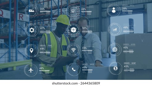 Reviewing colleagues analyzing AR data overlays in warehouse with pallet jack, using devices. Industrial, logistics, technology, teamwork, data, analysis, warehouse