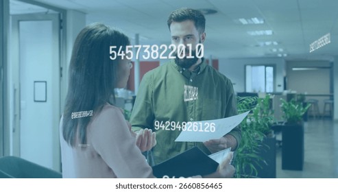 Reviewing data overlay and documents, office professionals in open-plan office with black folder. Collaboration, digital, contemporary, workspace, communication, technology, productivity - Powered by Shutterstock - Get 15% off with code: PIKWIZARD15