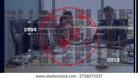 Reviewing documents five managers sitting at wooden table in suits with laptops, red HUD, 2004 2018. Boardroom, professionals, collaboration, analytics, dataviz, overlay, modern