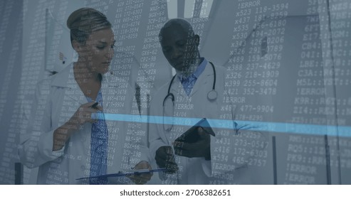 Reviewing ERROR overlay, two docs in labcoats consulting in hospital corridor with clipboard tablet. Clinical, collaboration, healthcare, data, digital, hallway, focus