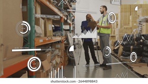 Reviewing inventory two workers wearing vest and plaid shirt in storage aisle, with data overlay. Warehouse, logistics, analytics, operation, efficiency, industrial, teamwork