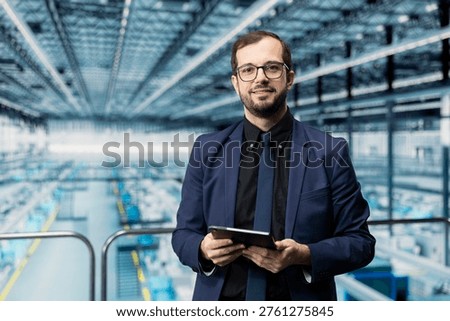 Reviewing microchips factory analytics, tablet and portrait of smiling man. Monitoring semiconductor production, automation and happy management executive in industry 4.0 automated manufacturing plant