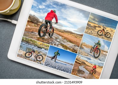 Reviewing pictures of fat bike riding in Colorado foothills and prairie featuring the same senior male cyclist on a digital tablet. All screen pictures copyright by the photographer.