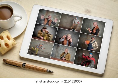 Reviewing A Set Of Studio Portraits On A Digital Tablet Featuring The Same Senior Male Model With A Variety Of Props And Added Background Texture